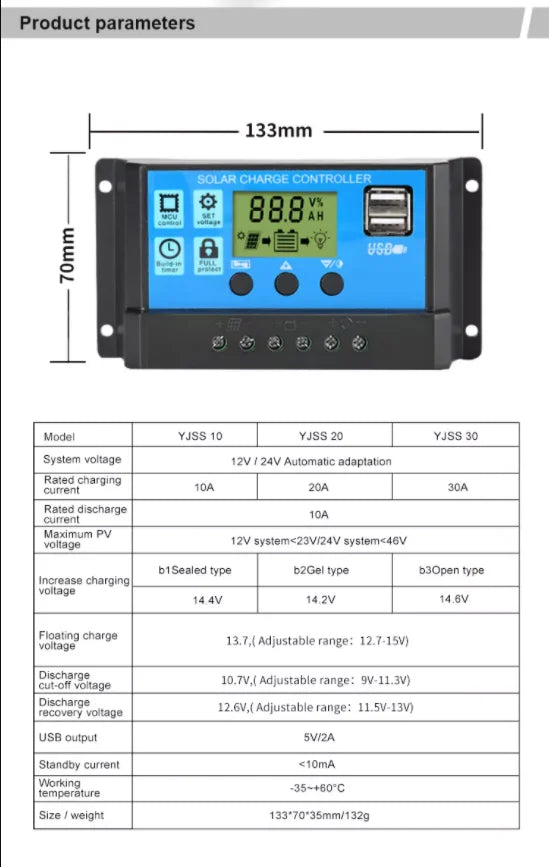 PWM Solar Controller with LCD display, dual USB outputs, and adjustable charging/discharging voltage for 10A-60A battery charger.