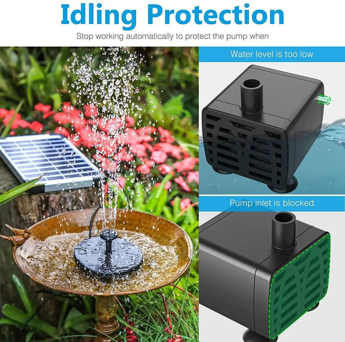 12V Solar Panel Charging Water Pump Set, Automatic shut-off prevents pump damage and idling due to low water levels or blockages.