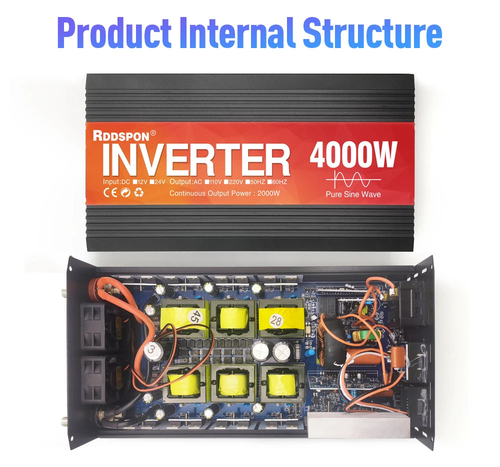1000W-4000W Pure Sine Wave Inverter, Pure sine wave inverter for DC to AC conversion: 12V/24V input, 220V output, up to 2000W.