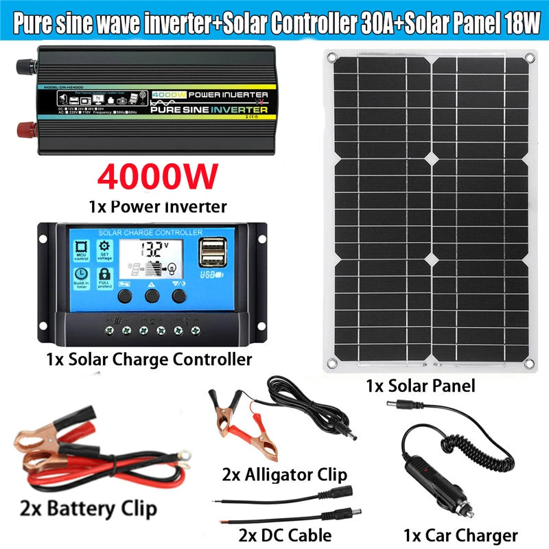 4000W/6000W/8000W Solar Panel, Solar panel kit for cars: complete system with inverter, charger, panels, and accessories.