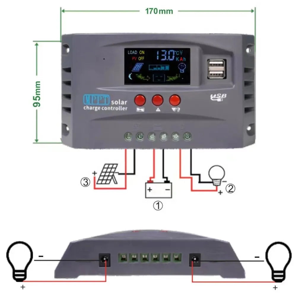 100A 12V24V MPPT Solar Charge Controller, Charges 12V/24V solar panels; compatible with LiFePO4, GEL, and lead-acid batteries.