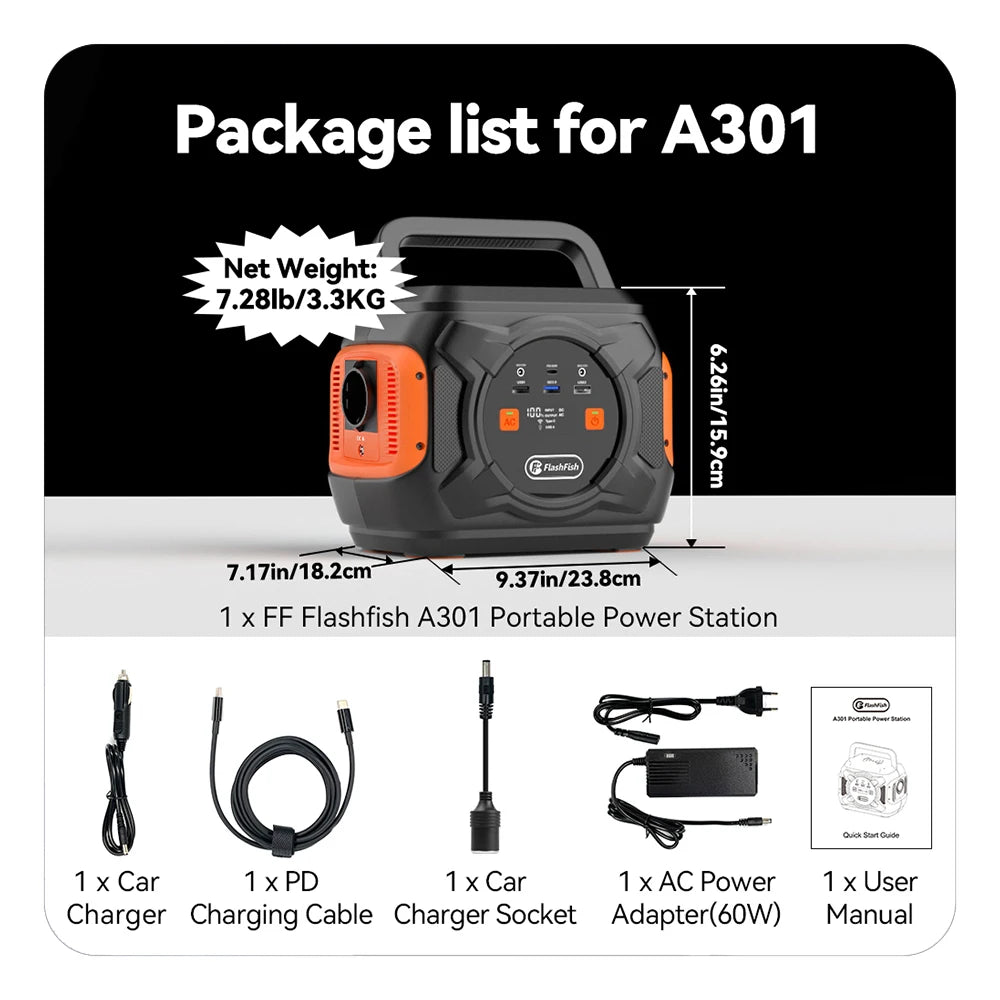 FF Flashfish A301, Portable power station with accessories, weighing 7.28 lbs, for on-the-go charging.