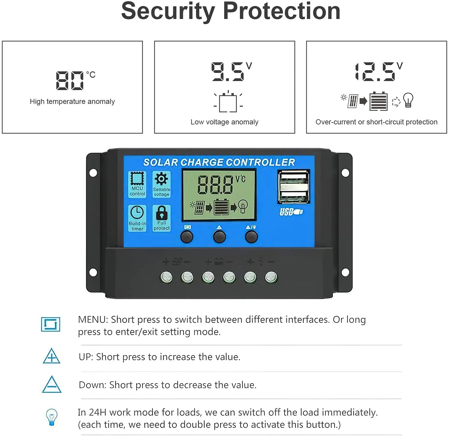 Intelligent solar charge controller with security features: temperature, voltage, and short-circuit protection.