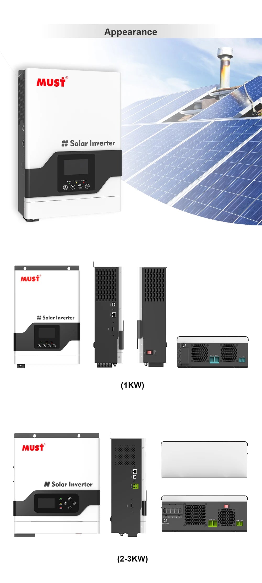 MUST MPPT 1KW Hybrid Off Grid Solar Inverter, Compact solar inverter for small-scale off-grid systems and home use with built-in controller and WiFi.