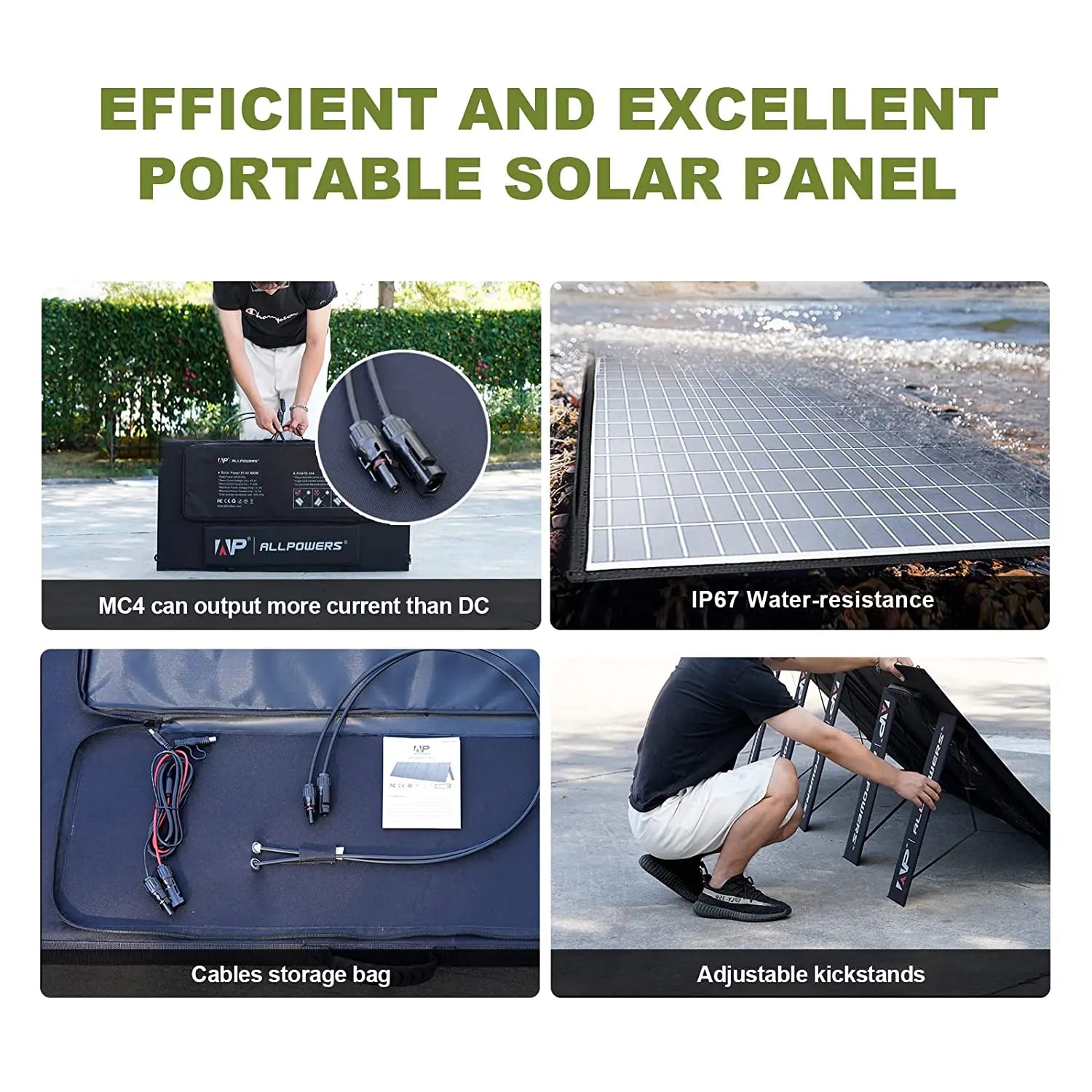 ALLPOWERS Foldable Solar Panel, Portable solar panel with MC4 output, water-resistant cables, adjustable stands, and carry bag.