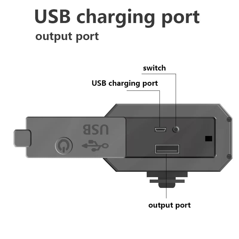 1200mAh MTB Solar Bike Light, Switch between USB charging port and output port for easy device charging.