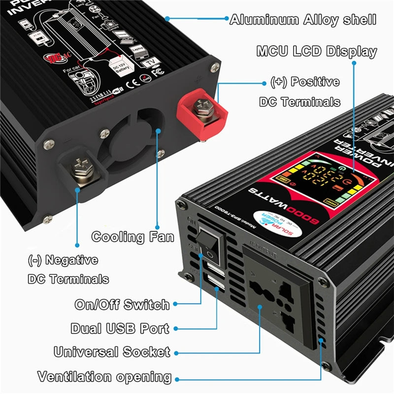 Solar panel system with LCD display, controls, and charging features for powering devices and generating power.