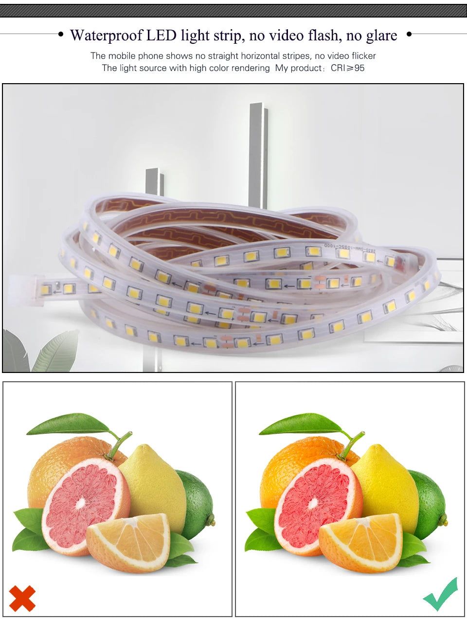 Waterproof LED light strip with no flashing or glare, perfect for outdoor use.