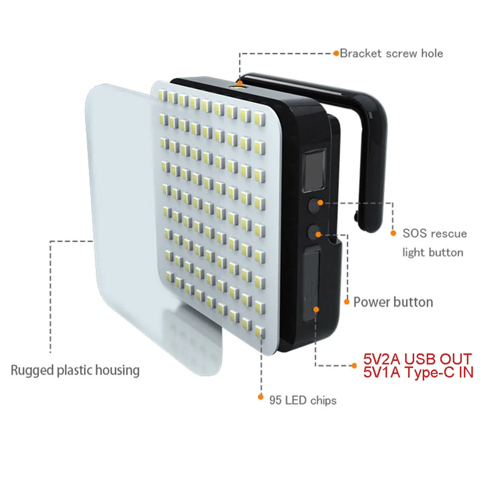 Rugged lantern with SOS light, charging ports, and adjustable brightness features a sturdy plastic housing.