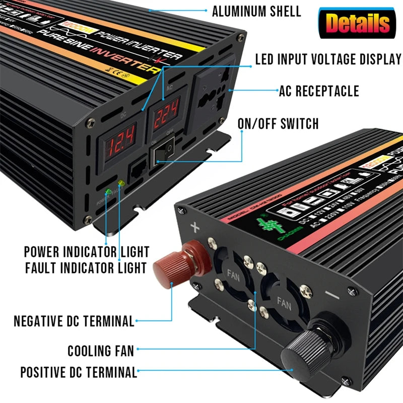 10000W LCD Display Solar Power Inverter, Power supply with aluminum shell, LED display, AC outlet, on/off switch, indicators, cooling fan, and separate DC terminals.