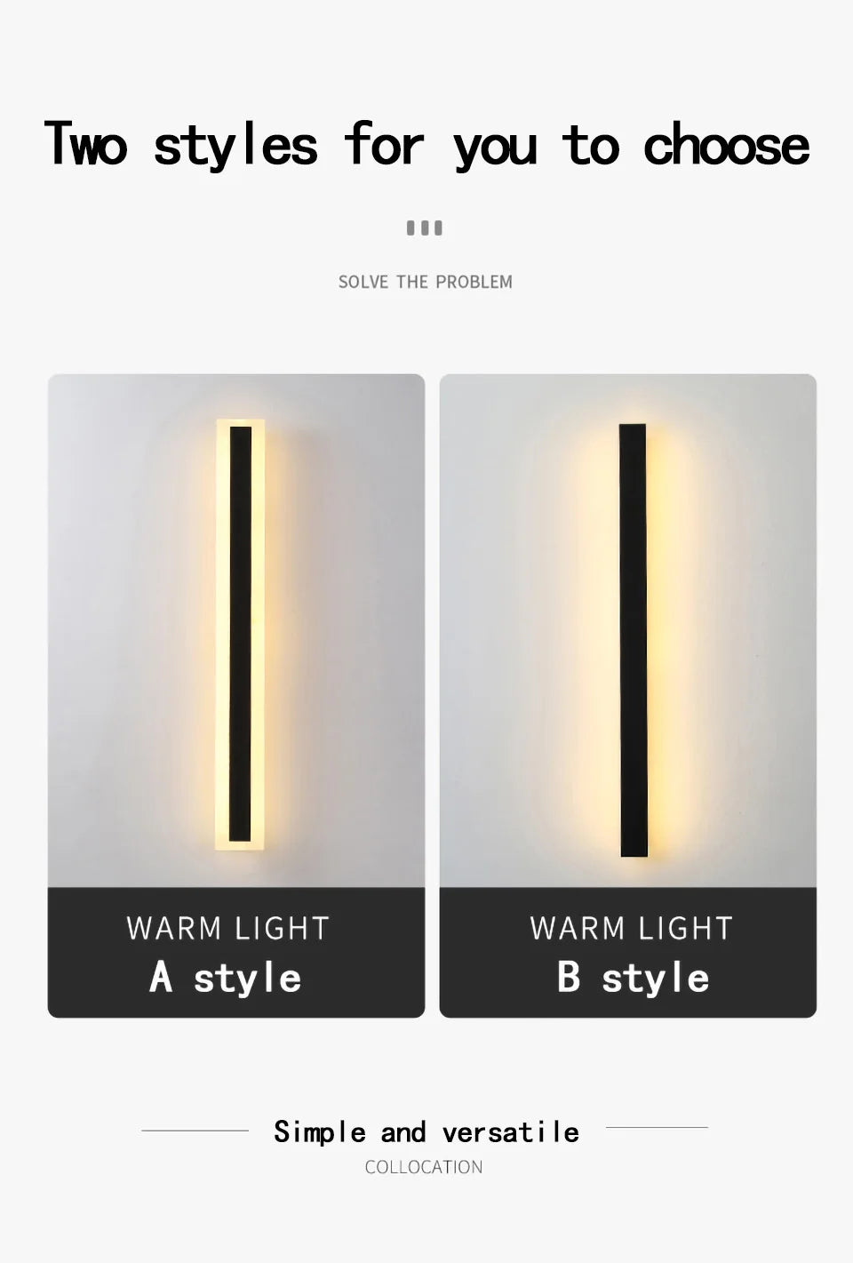 Two design options for waterproof LED long wall light: Warm Light (A) or Simple and Versatile (B)