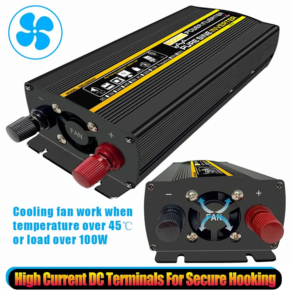 Pure Sine Wave Power Inverter, Built-in cooling fan activates at 45°C or 10kW load to ensure safe and secure DC terminal connections.