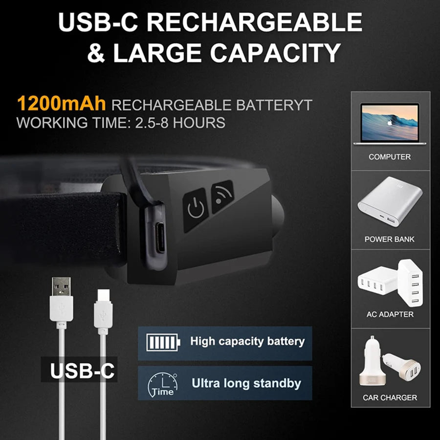 Rechargeable via USB-C; up to 8 hours runtime and long standby time with high-capacity battery.