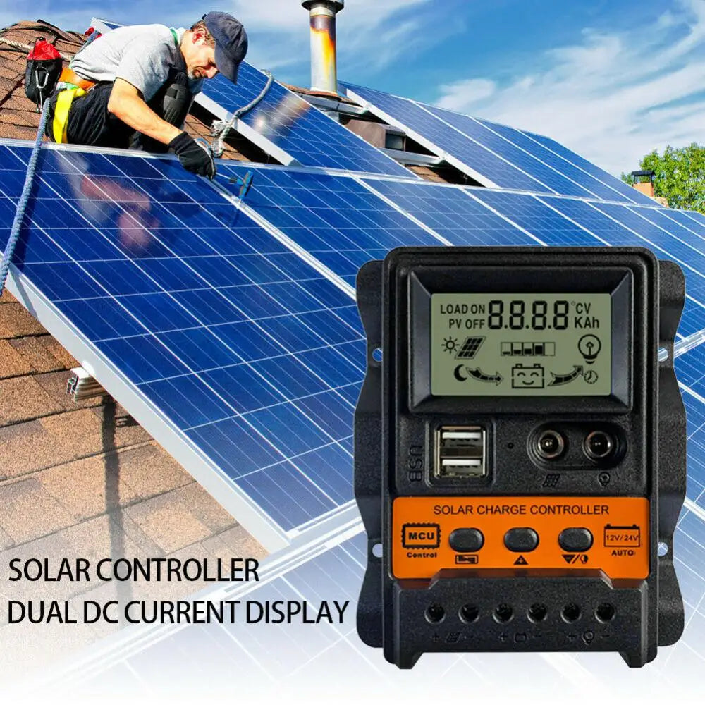 Solar charge controller with LCD display for 12V/24V systems, featuring dual USB ports and automatic charging control.