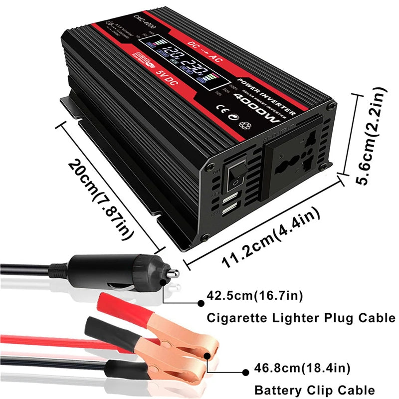 12V to 110V/220V power inverter with solar panel and controller for charging devices on-the-go.