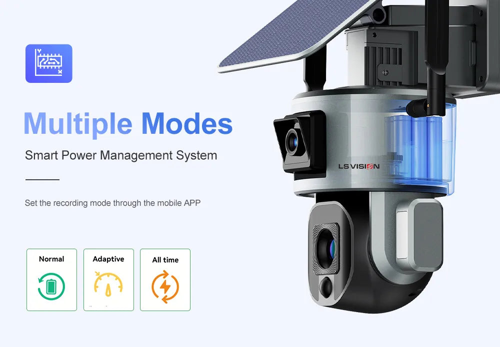 LS VISION LS-MS1-10X Solar Camera, Control recording modes with the app: Normal, Adaptive, or All-Time using smart power management.