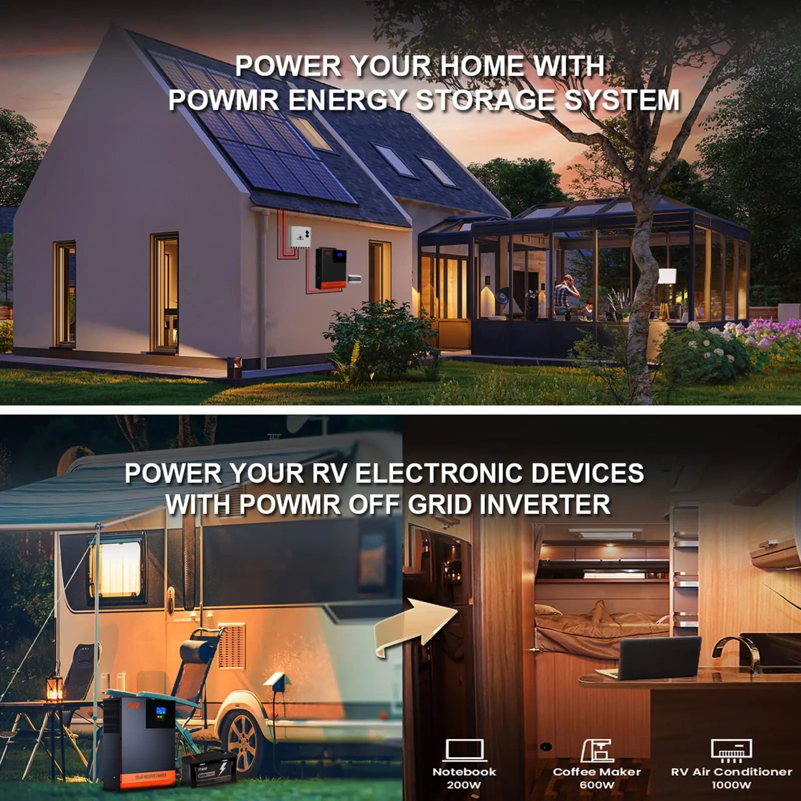 PowMr 110V Solar Inverter, Solar energy system for powering homes, RVs, or devices with energy storage option.