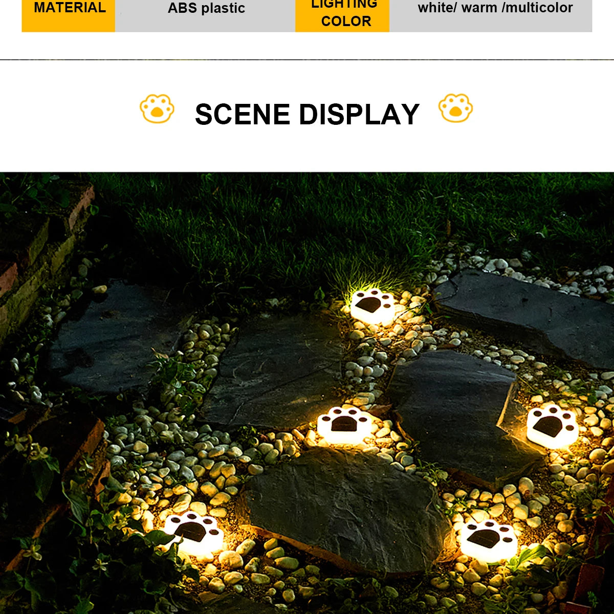 Solar LED Light, Cozy ambiance lamp made of durable ABS plastic with warm white and multicolor display.