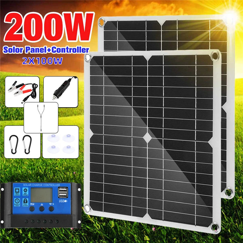 DC18V 200W Solar Panel, Solar panel kit for charging devices on-the-go, suitable for camping, boating, or RVing.