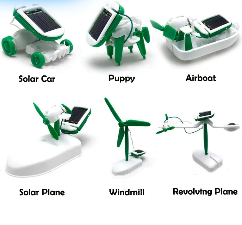 New Toy, DIY solar-powered kit with spinning car, puppy, airboat, plane, and windmill for building and learning fun.