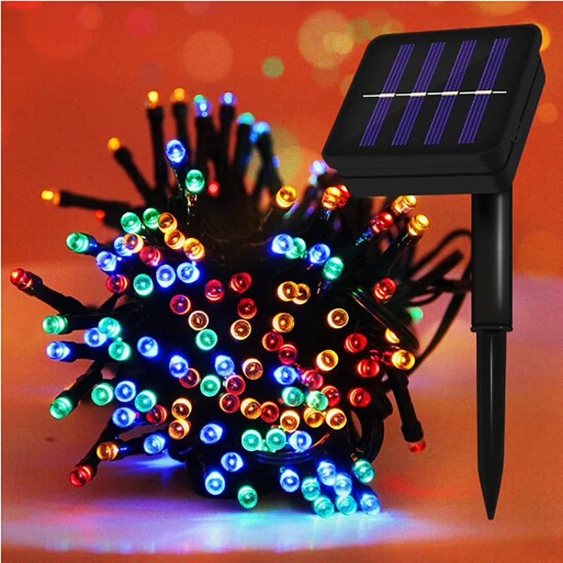 Outdoor Solar String Light, Solar-powered LED light with 7M, 12M, or 22M garland options for outdoor garden decoration.