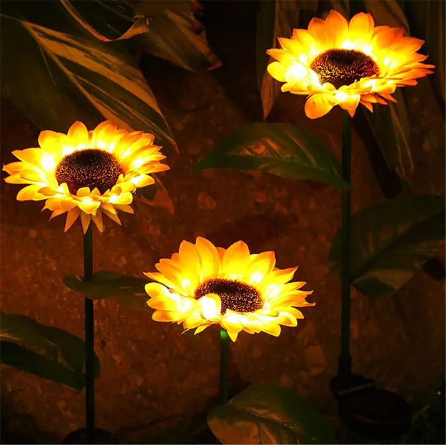 Solar Sunflower Outdoor Light, Solar-powered LED garden light with modern design, IP65 protection, and CE certification.