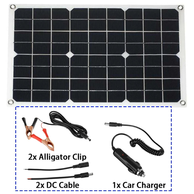 Charging kit with alligator clips and DC cables for solar-powered charging of cars or devices.