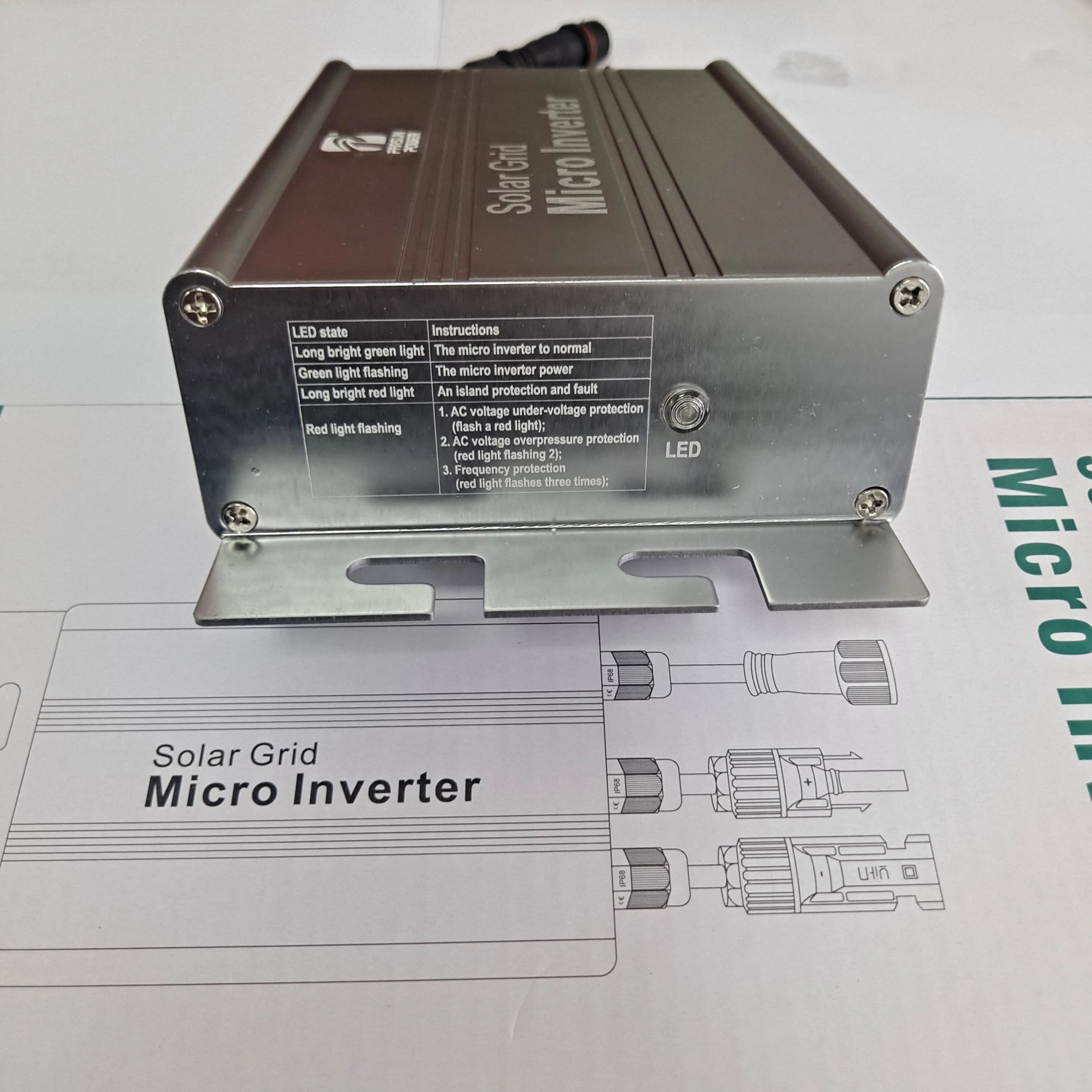 MPPT Solar Grid Tie Micro Inverter, LED indicators display system status with colors and flashes for normal operation, faults, and warnings.