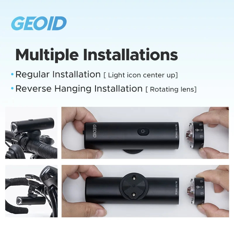 BL710 Bike Smart Front Light, Adjustable lighting with options for central installation and reverse hanging with rotating lens.