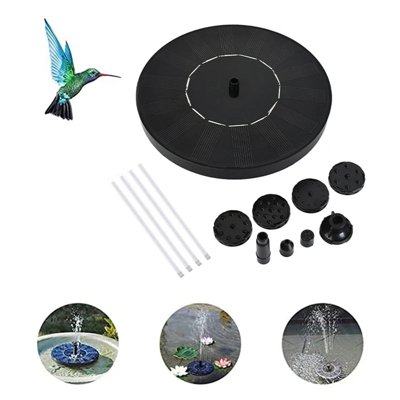 Solar Fountain, Solar-powered fountain pump with 6 nozzles for bird baths and ponds, made in mainland China.