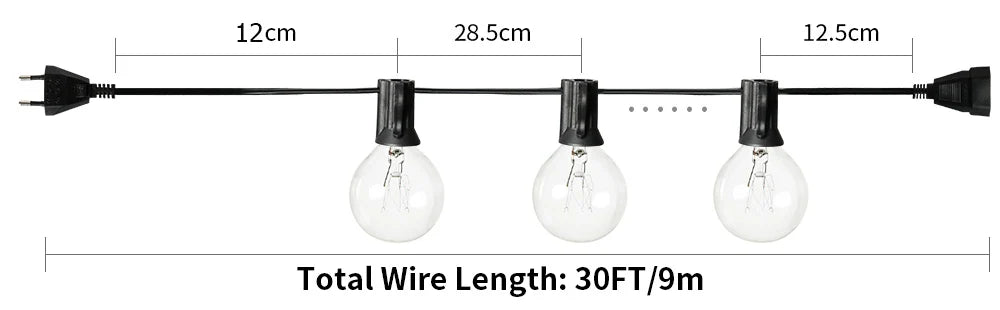 Outdoor String Light, Wire length: 30 feet with varying section lengths.