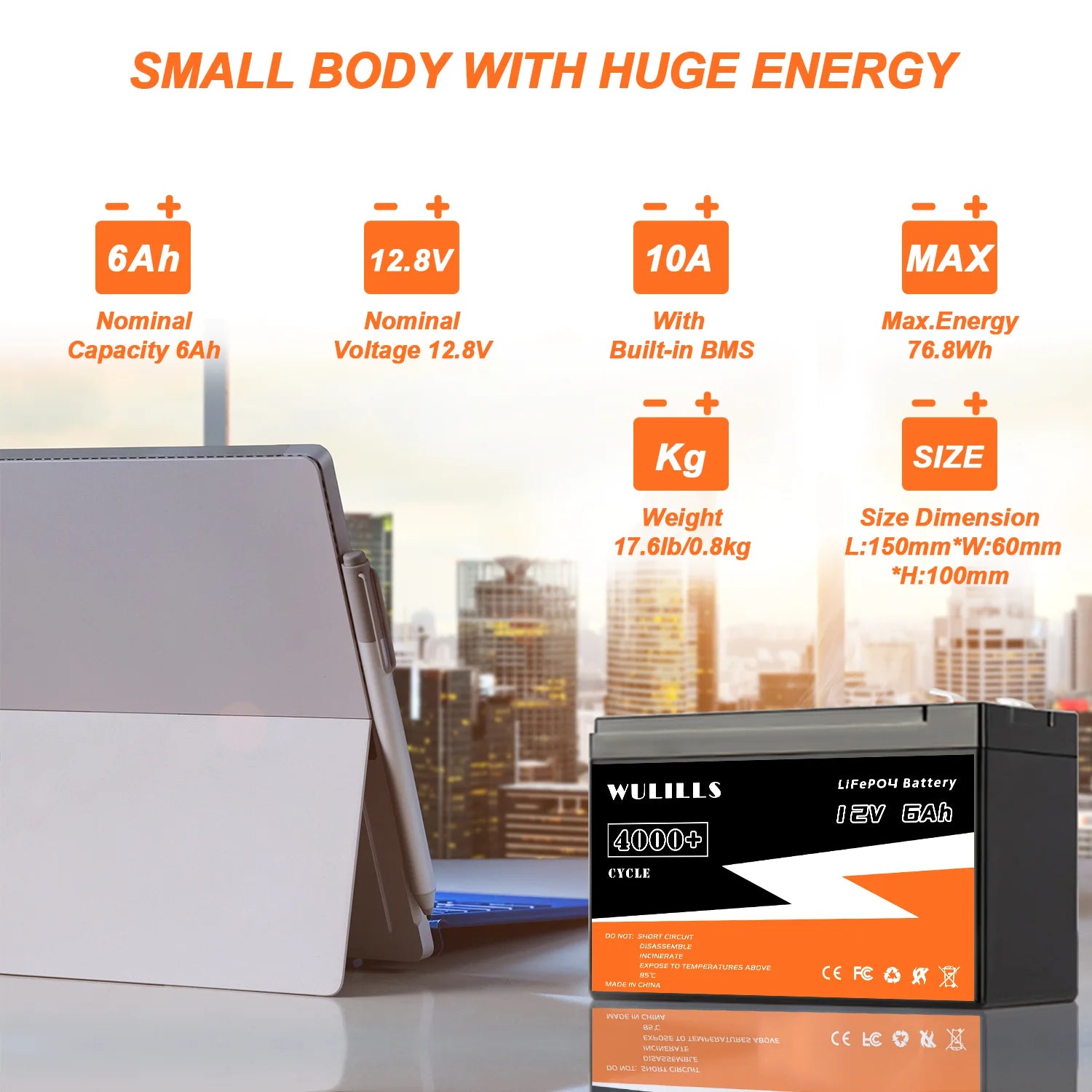 WULILLS 12V 6Ah LiFePo4 Battery, Rechargeable LiFePO4 battery with high energy capacity and built-in BMS for small spaces.