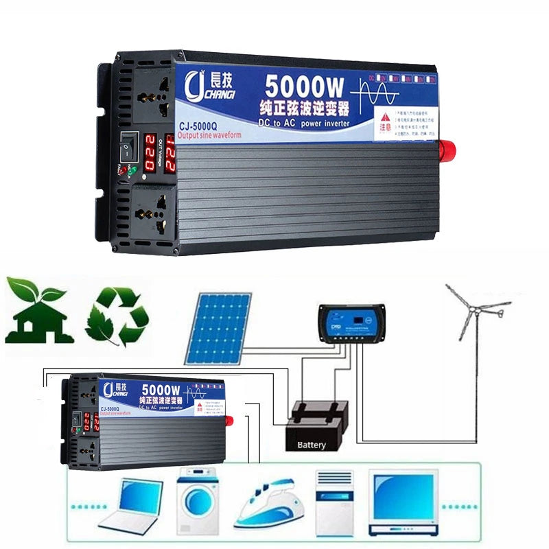 DC-to-AC inverter converts solar power to household voltage, suitable for homes and businesses.