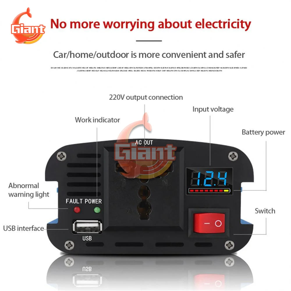 6000W Corrected Sine Wave Inverter, Safe and convenient inverter with indicators and fault detection, plus USB and power switch.