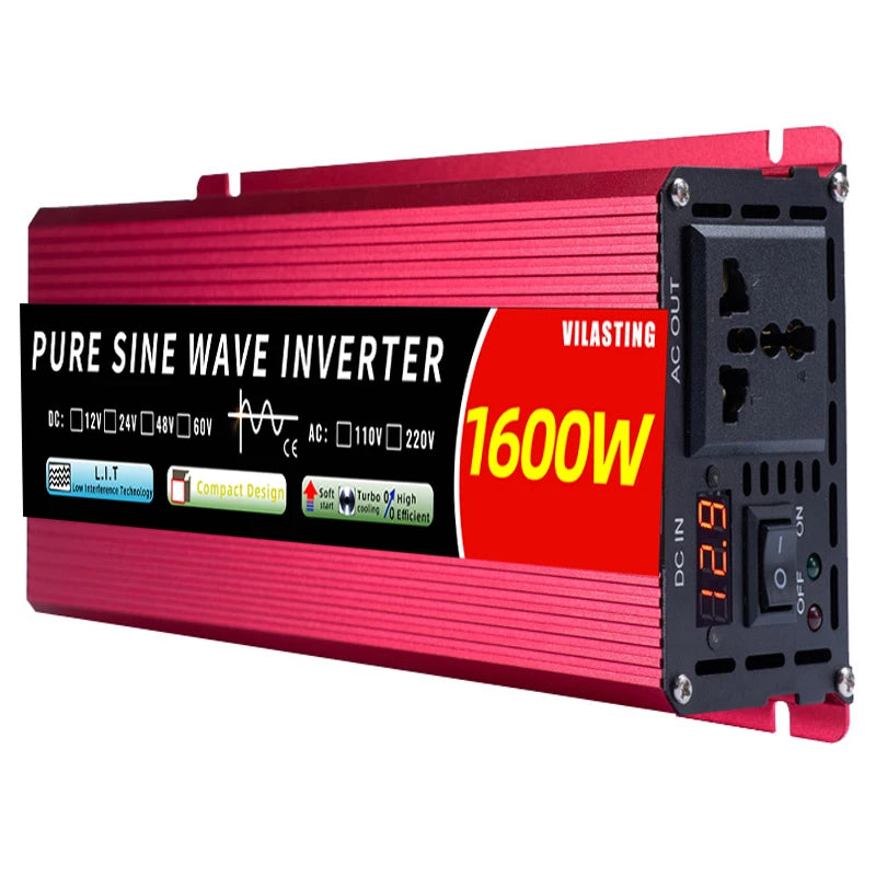 Inverter converts 12V DC to 220V AC, 50/60Hz, suitable for cars, solar panels, and general use, up to 5000W.