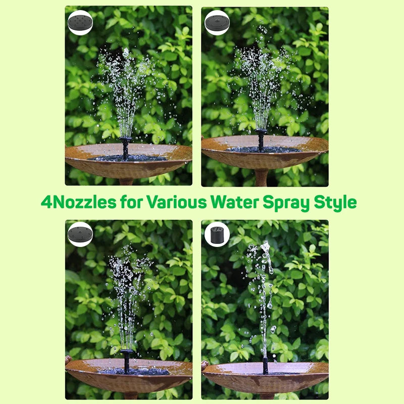 Mini Solar Water Fountain, Four adjustable nozzles offer various water spray styles for customizable enjoyment.