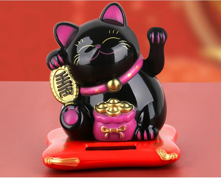 Solar Powered Maneki Neko Lucky Cat, Lucky cat figurine with waving hand, symbolizing good fortune and welcoming energy.