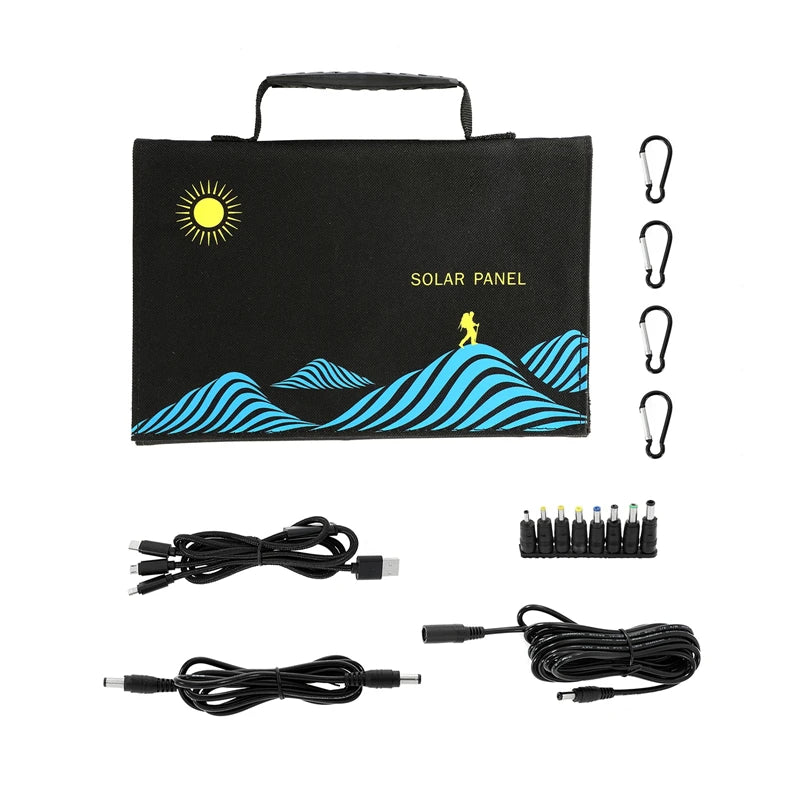 100W Solar Panel, Solar-powered charger harnesses sunshine to charge portable devices outdoors.