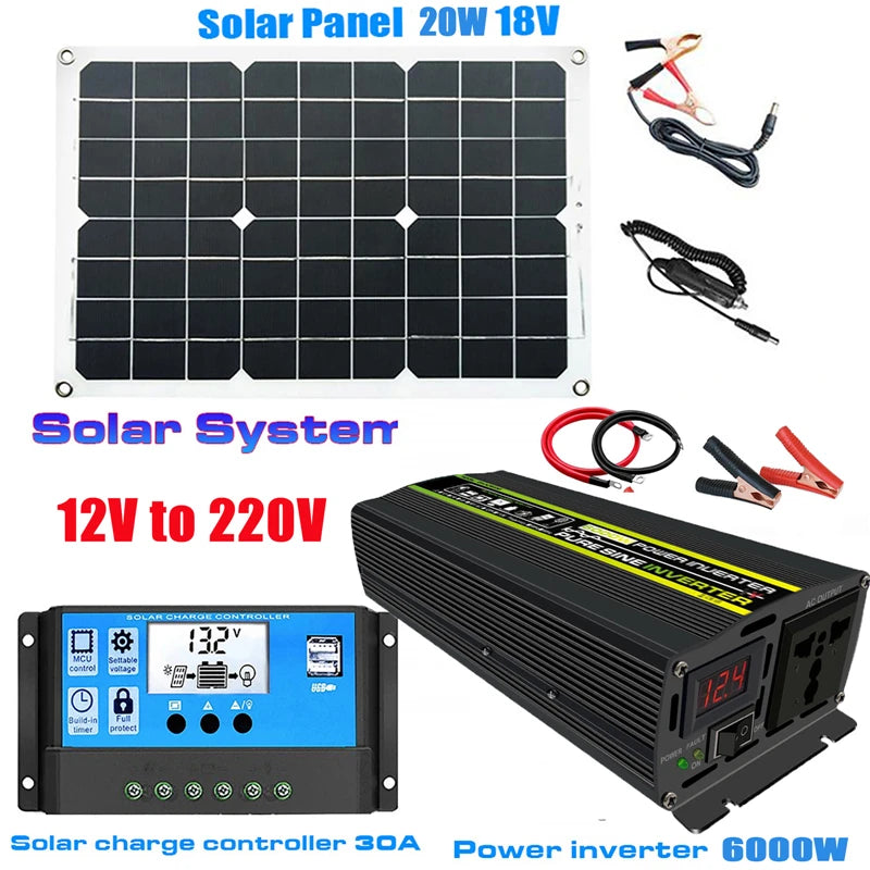 4000W/6000W/8000W Solar Panel, Complete solar power kit with 18V solar panel, charge controller, and 6000W inverter for generating electricity.
