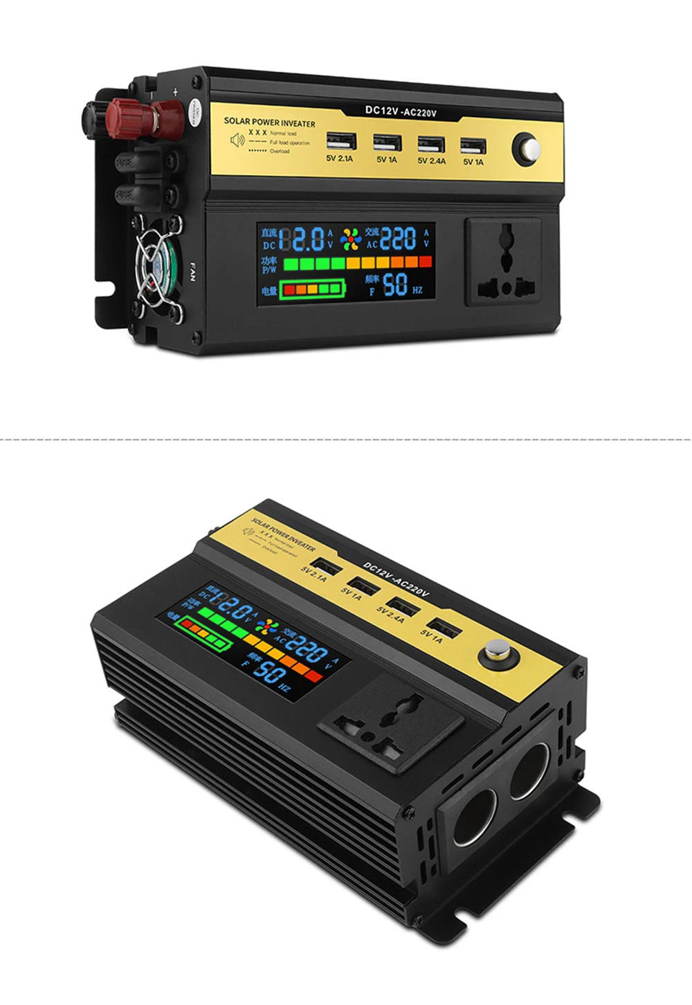 Portable DC to AC inverter with modified sine wave output and specifications for power conversion.