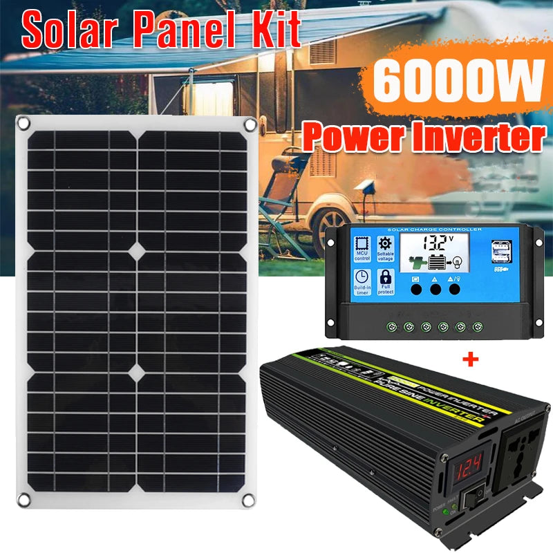 3000W/4000W/6000W Pure Sine Wave Inverter, Solar panel kit for cars, yachts, and RVs, featuring pure sine wave power and battery charging capabilities.