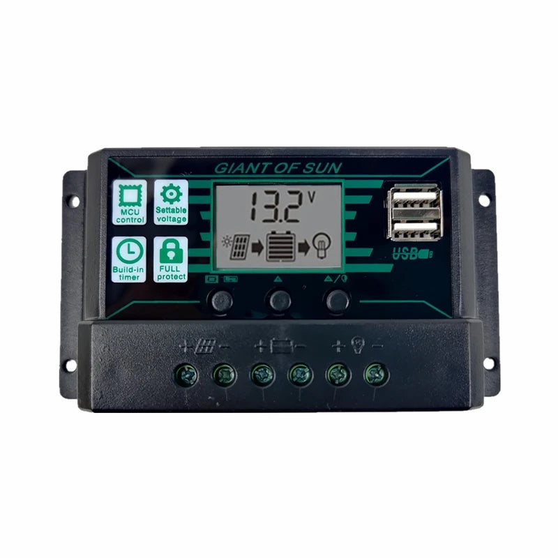 150A Solar Controller, Advanced MPPT solar controller with full protection, dual USB ports, and LCD display for monitoring solar panel system performance.