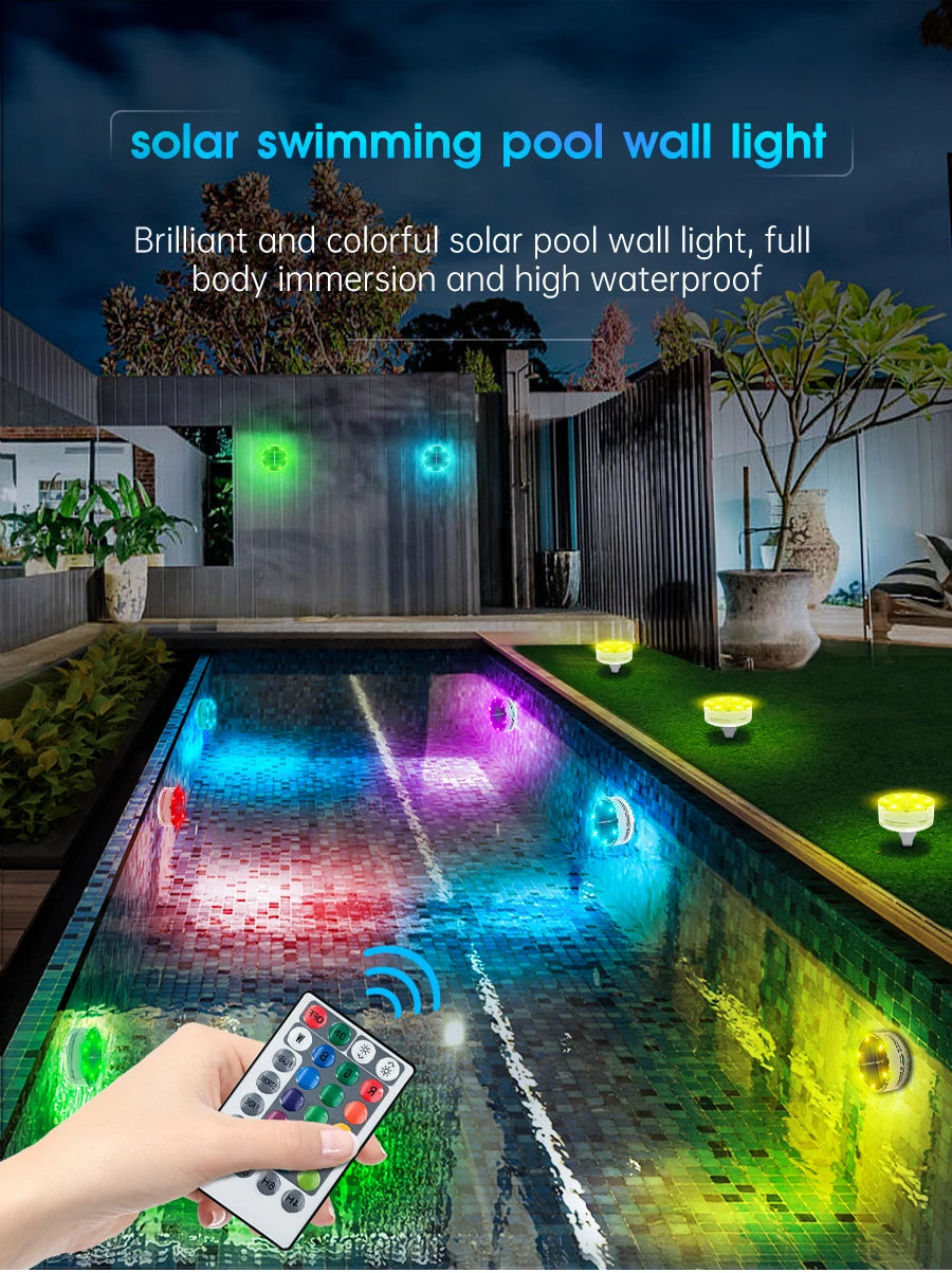 Solar LED Pool Light, Vibrant, waterproof solar pool light for underwater decoration and brightening ponds or fountains.