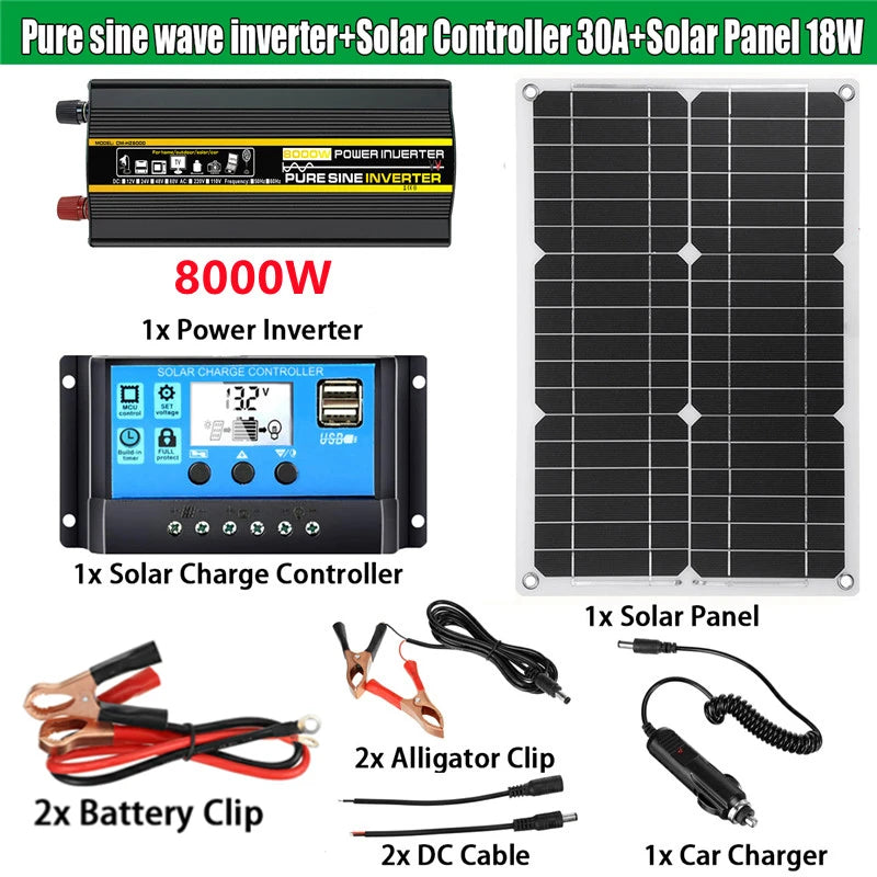 4000W/6000W/8000W Solar Panel, Complete solar kit for vehicles with inverter, solar panel, charger, USB port, and accessories.