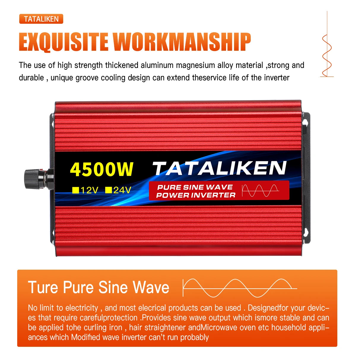 High-strength aluminum-magnesium material and cooling design ensure long-lasting pure sine wave inverter with stable output.
