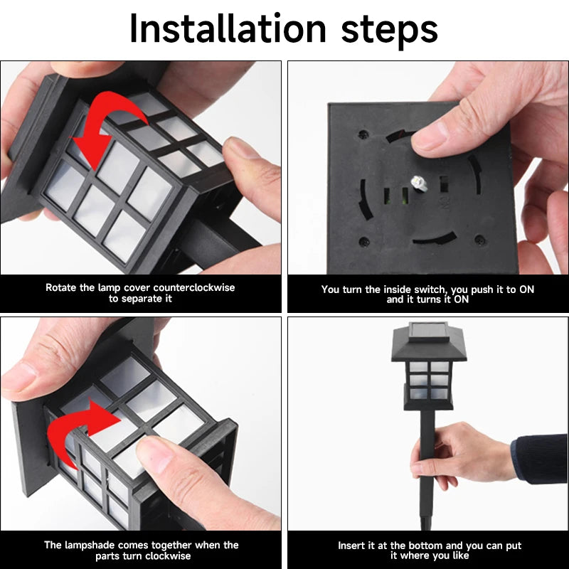 Solar Light, Rotate lamp cover counterclockwise, then clockwise to assemble; flip switch to on.