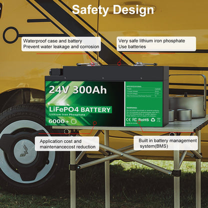 LiFePO4 24V 300Ah 200Ah 100Ah Battery Pack - 6000 Cycles 25.6V 7680Wh 8S 200A BMS RV Golf Cart Rechargeable Lithium Battery No Tax