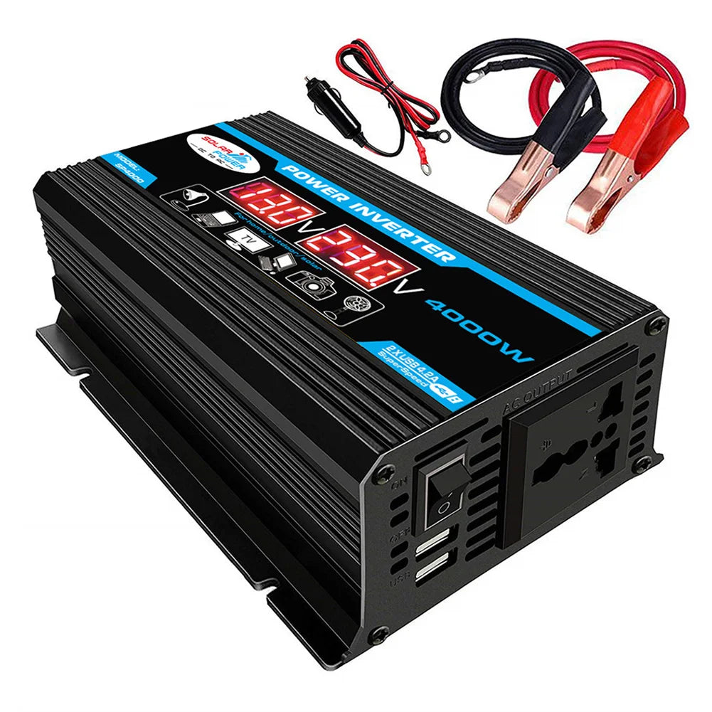 4000W Peak Solar Car Power Inverter, Solar-powered inverter converts DC power to AC power, ideal for safe and efficient charging.