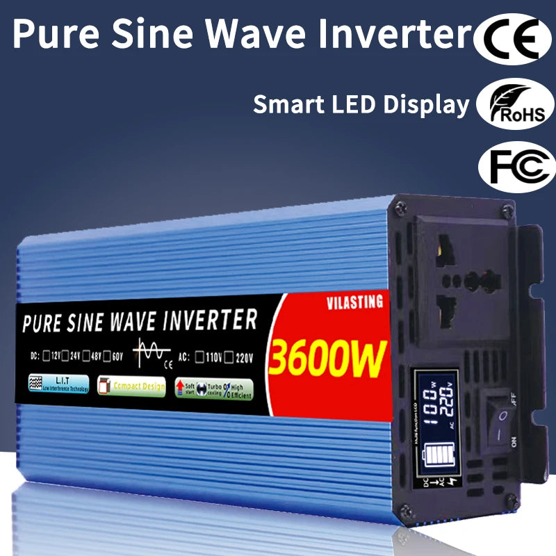 Pure sine wave inverter with smart LED display and RoHS certification.