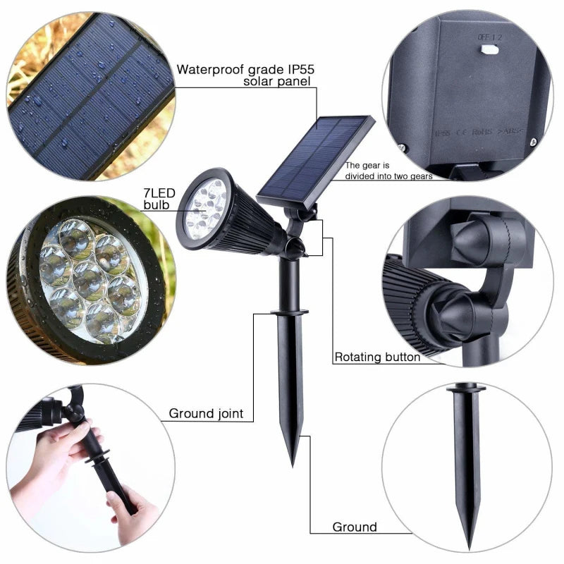 Waterproof solar lamp with RGB LED light and adjustable brightness, ideal for outdoor use in gardens and pathways.